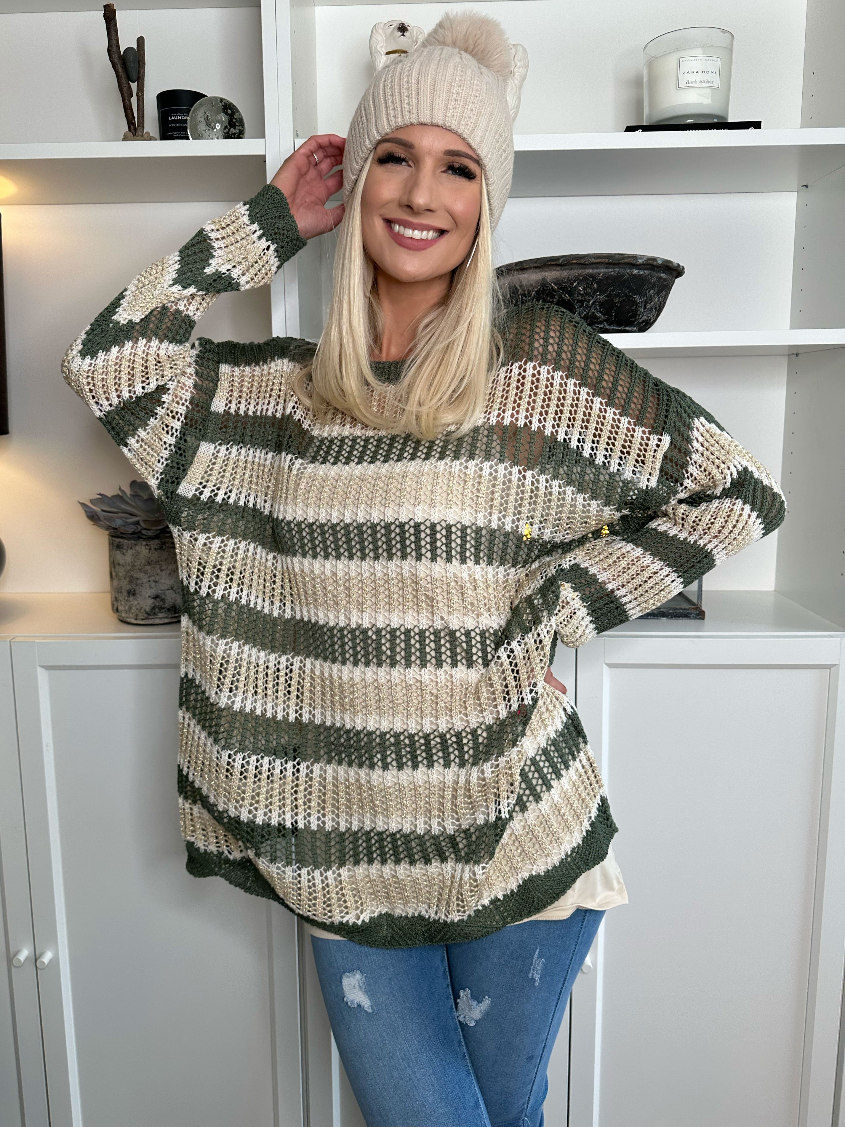 Ania - Stribet strikbluse med huller